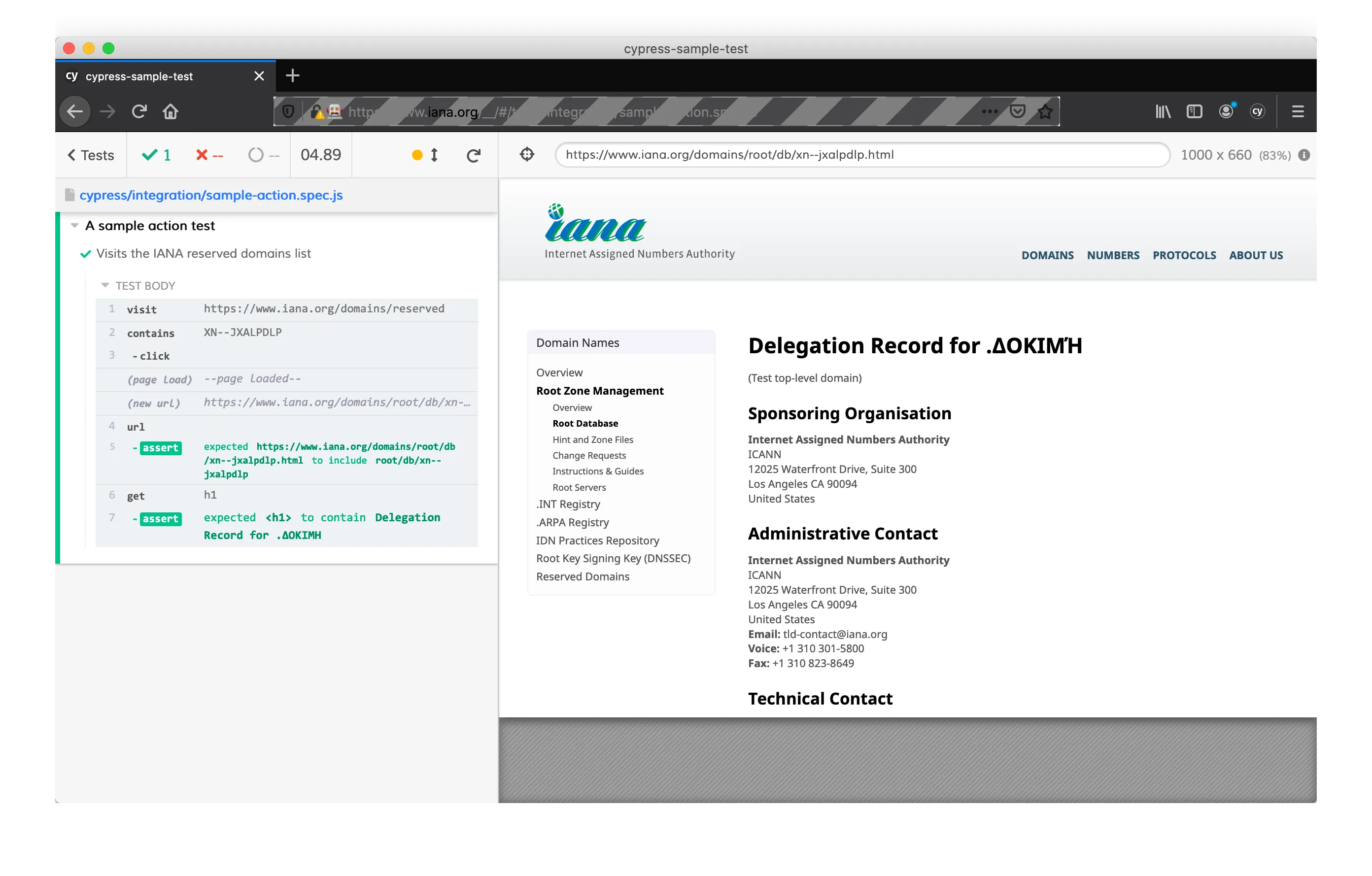 A successful run of our sample test case.