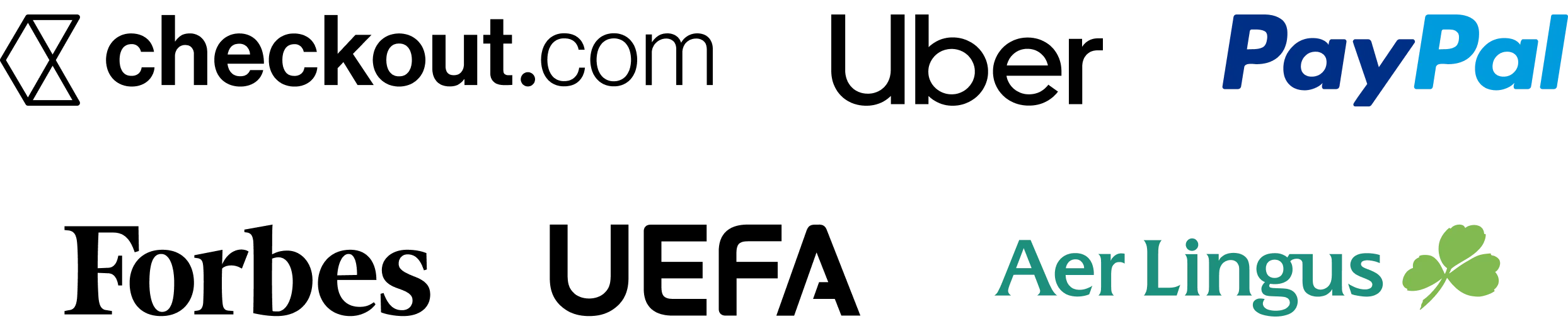 Assortment of brand logos including Forbes, Uber, Paypal, Checkout.com, UEFA and Aer Lingus.