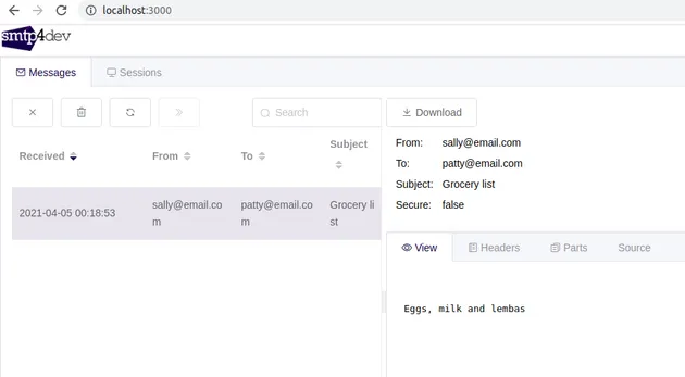 Our emails shows up in the smtp4dev web interface.