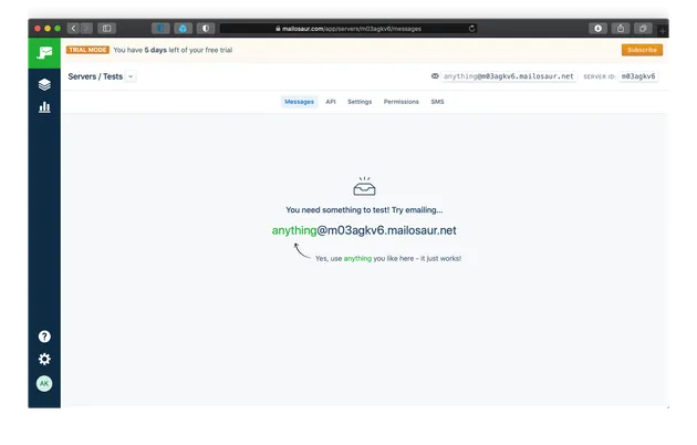 Mailosaur's initial screen