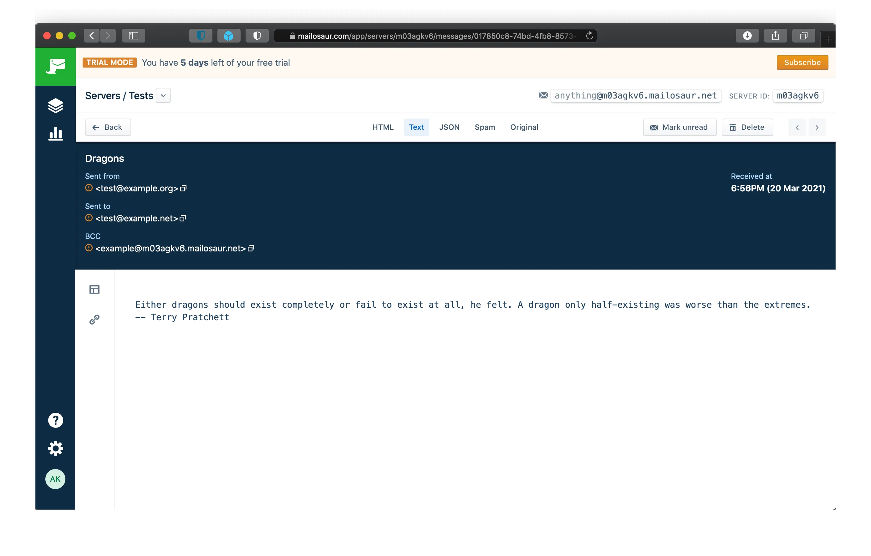 Test email shows up in Mailosaur
