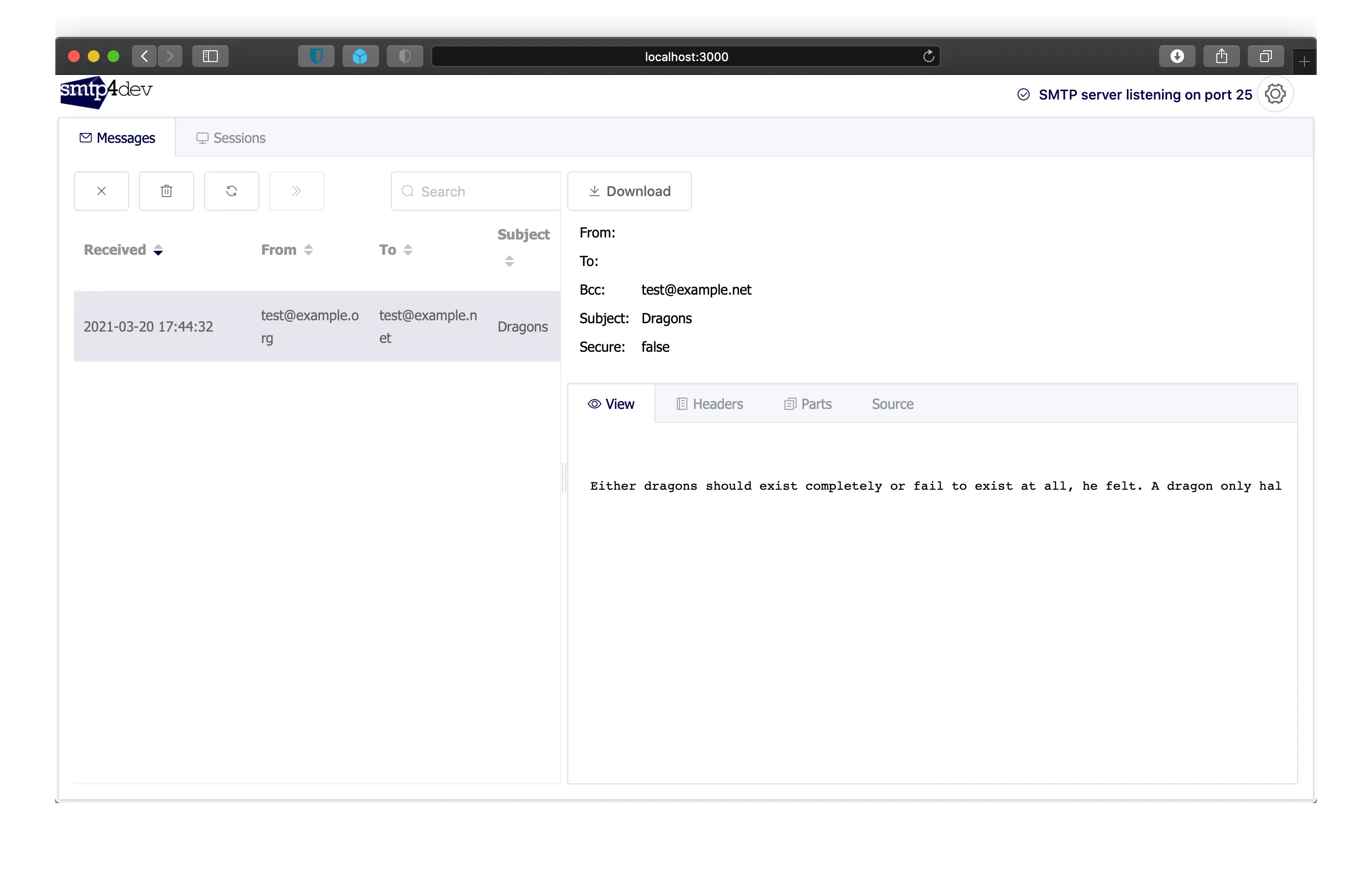 Test email shows up in the smtp4dev web interface