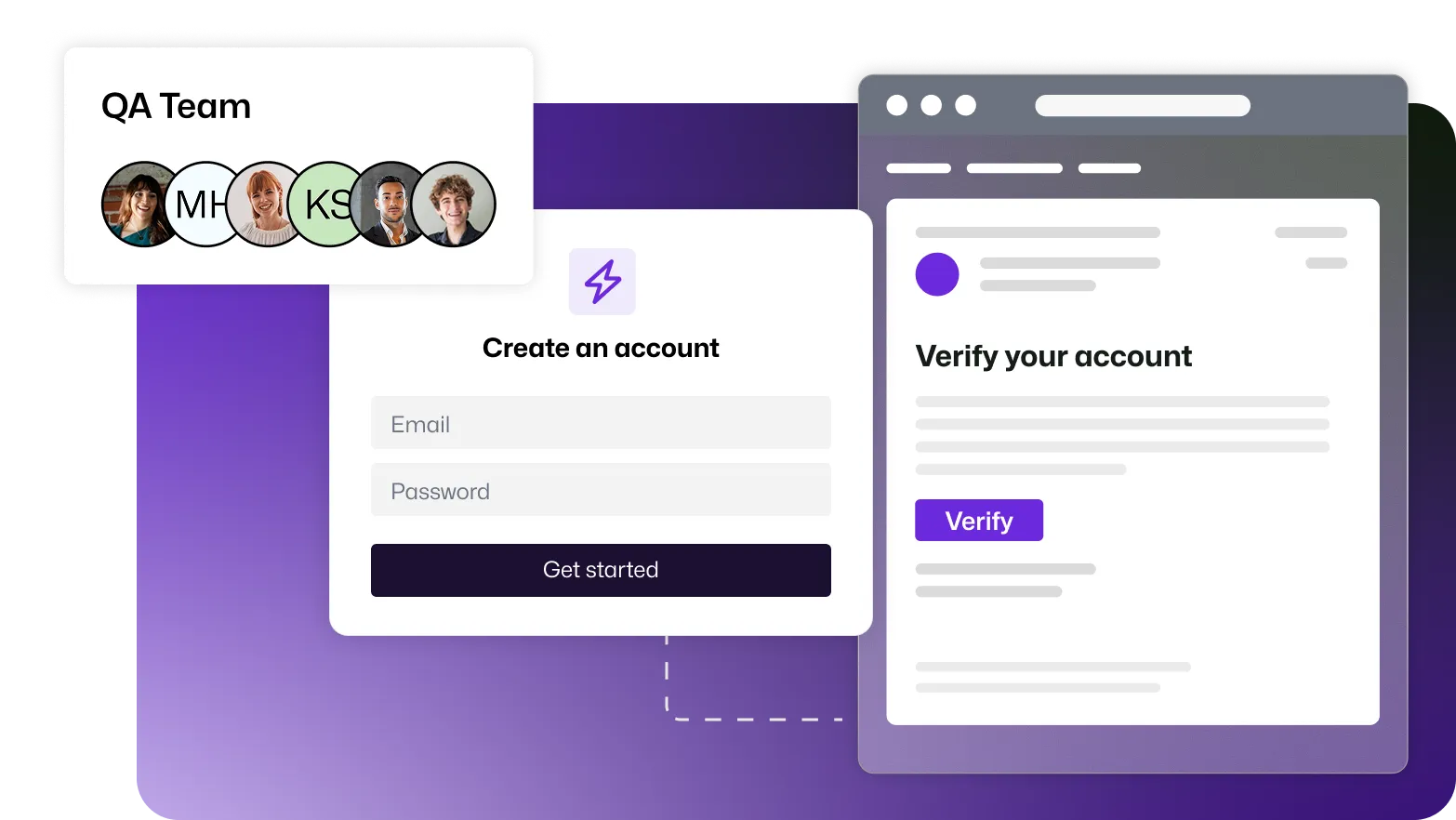 A create an account flow is shown, triggering an email to verify the account