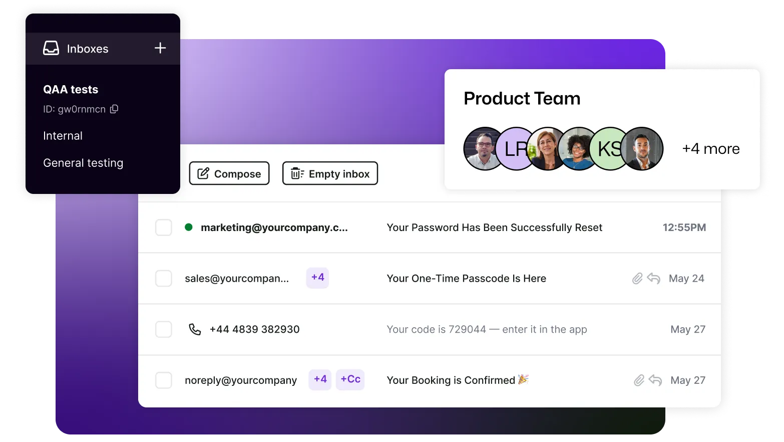 An inbox is shown, with 10 members of the team having access