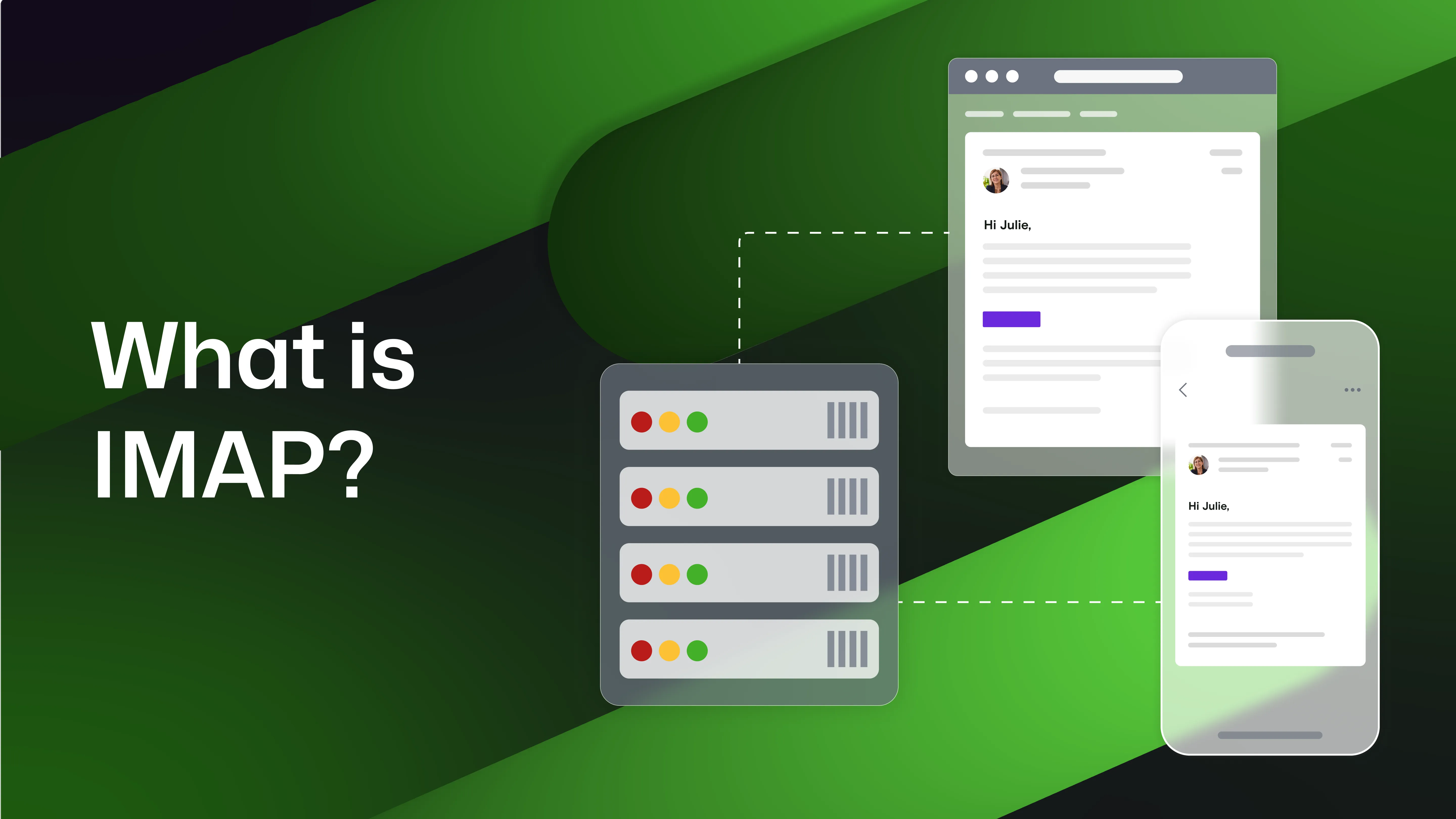 "What is IMAP?" with emails shown on a desktop and a phone