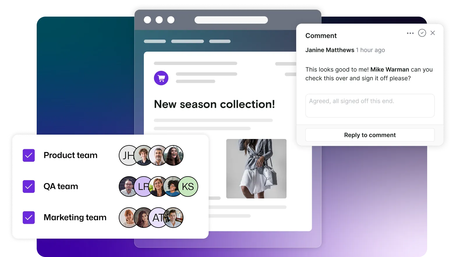 A marketing email with comments from different team members, and access to 3 separate teams