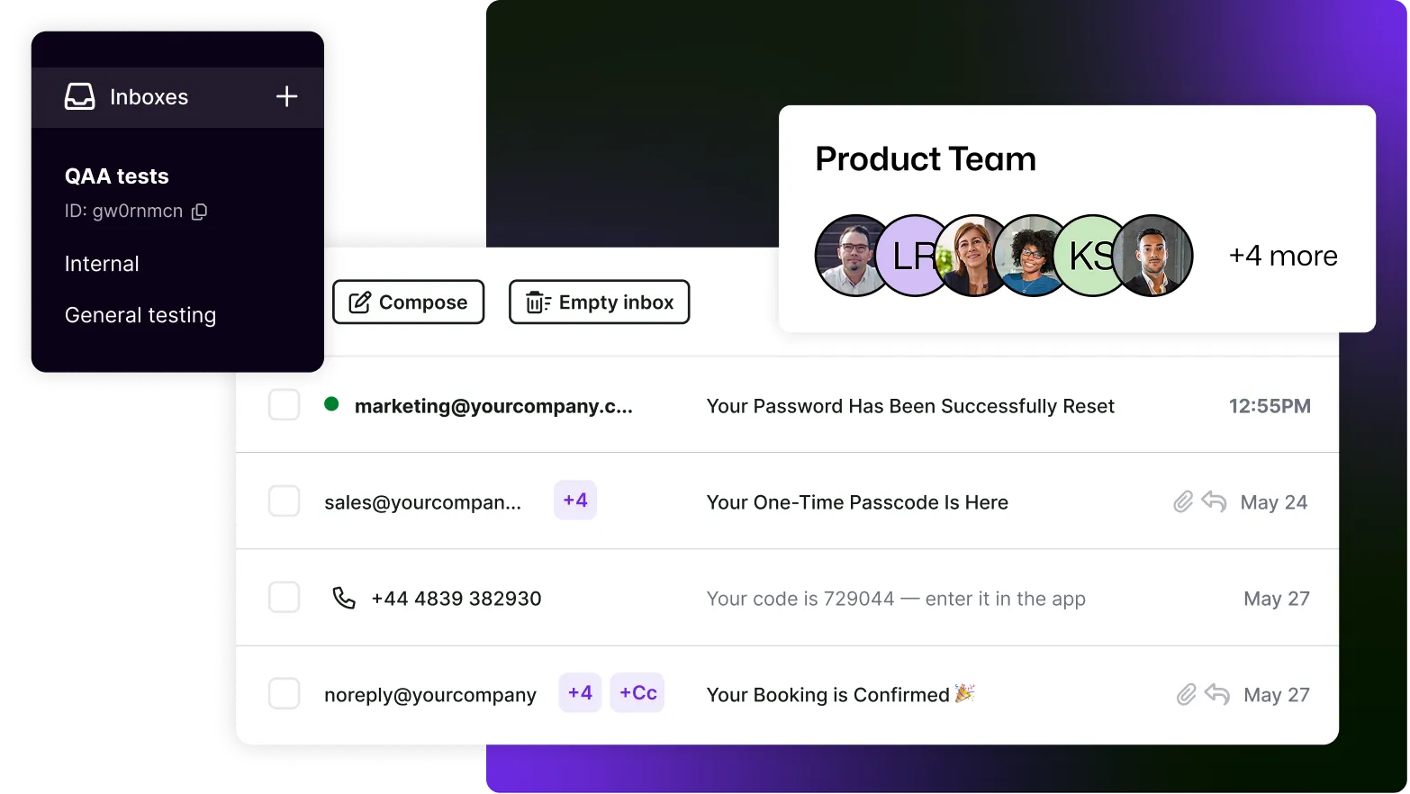 Email illustration with inbox dialog window and team members and test email addresses on gradient background