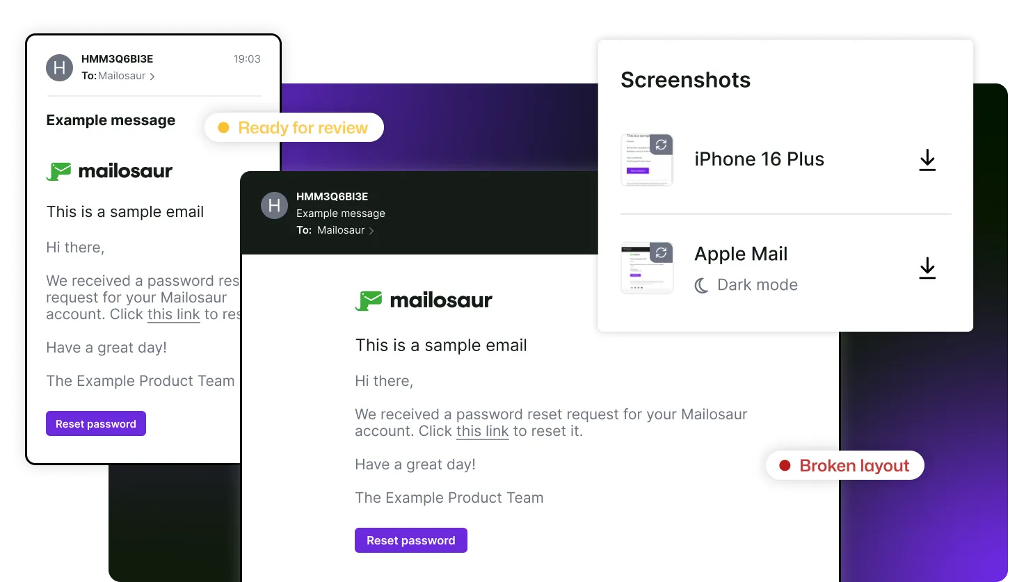 An email is shown with screenshots generated across the iPhone 16 plus and Apple Mail in dark mode