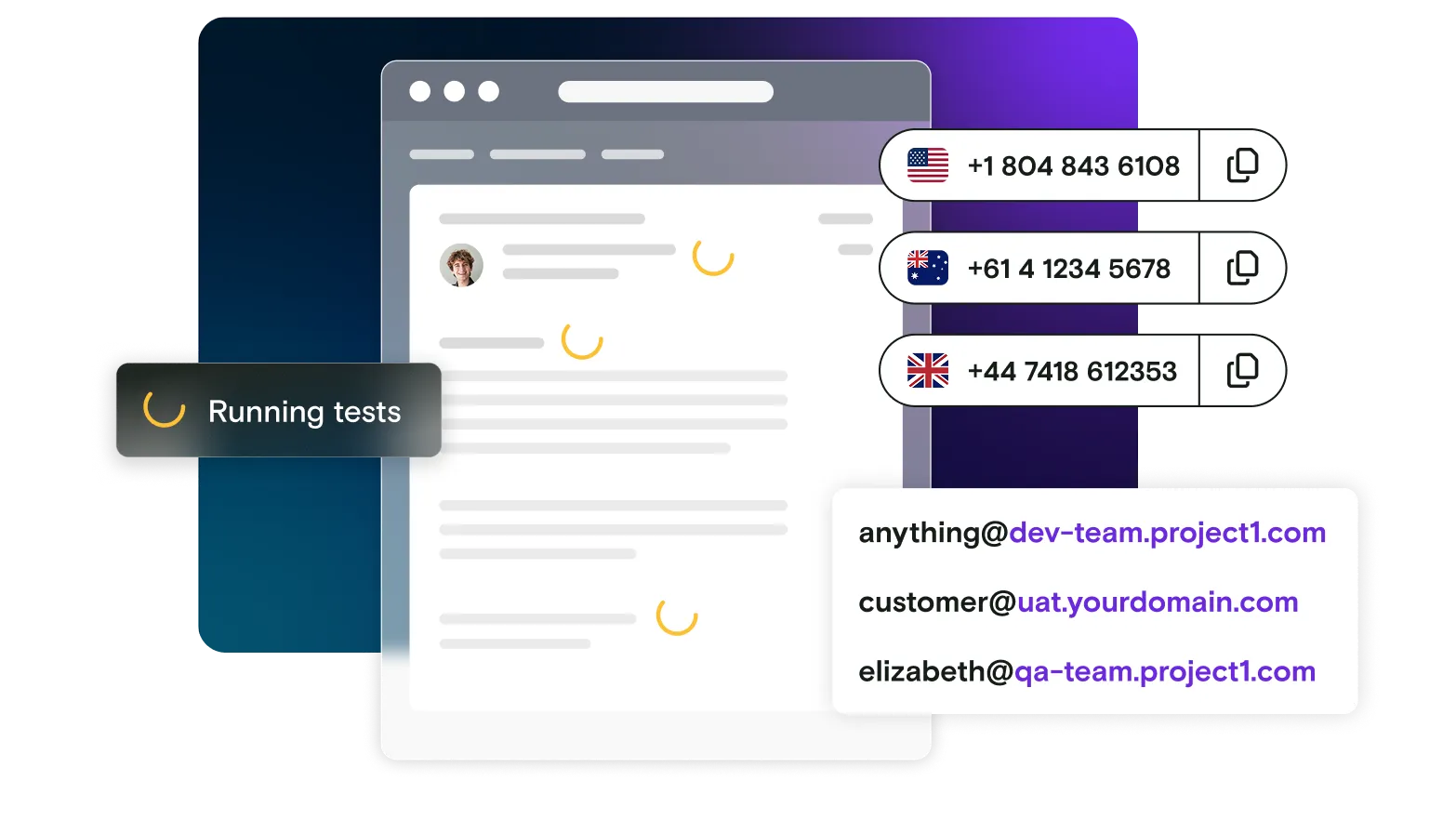 An email window, showing multiple dedicated test phone numbers and email addresses for use