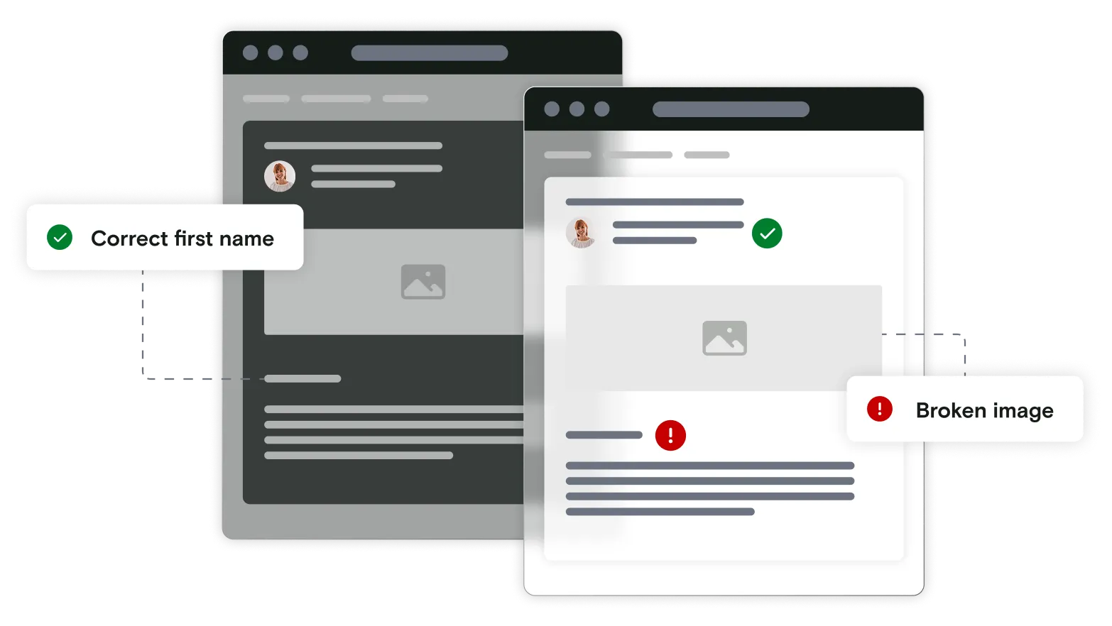 Two emails side by side, showing the image becomes broken in light mode and file name is missing 