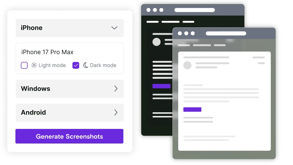 Preview generation shown, with the option to pick which device and email client you'd like to see. One 'preview' mockup is shown in light mode and the other in dark mode. 