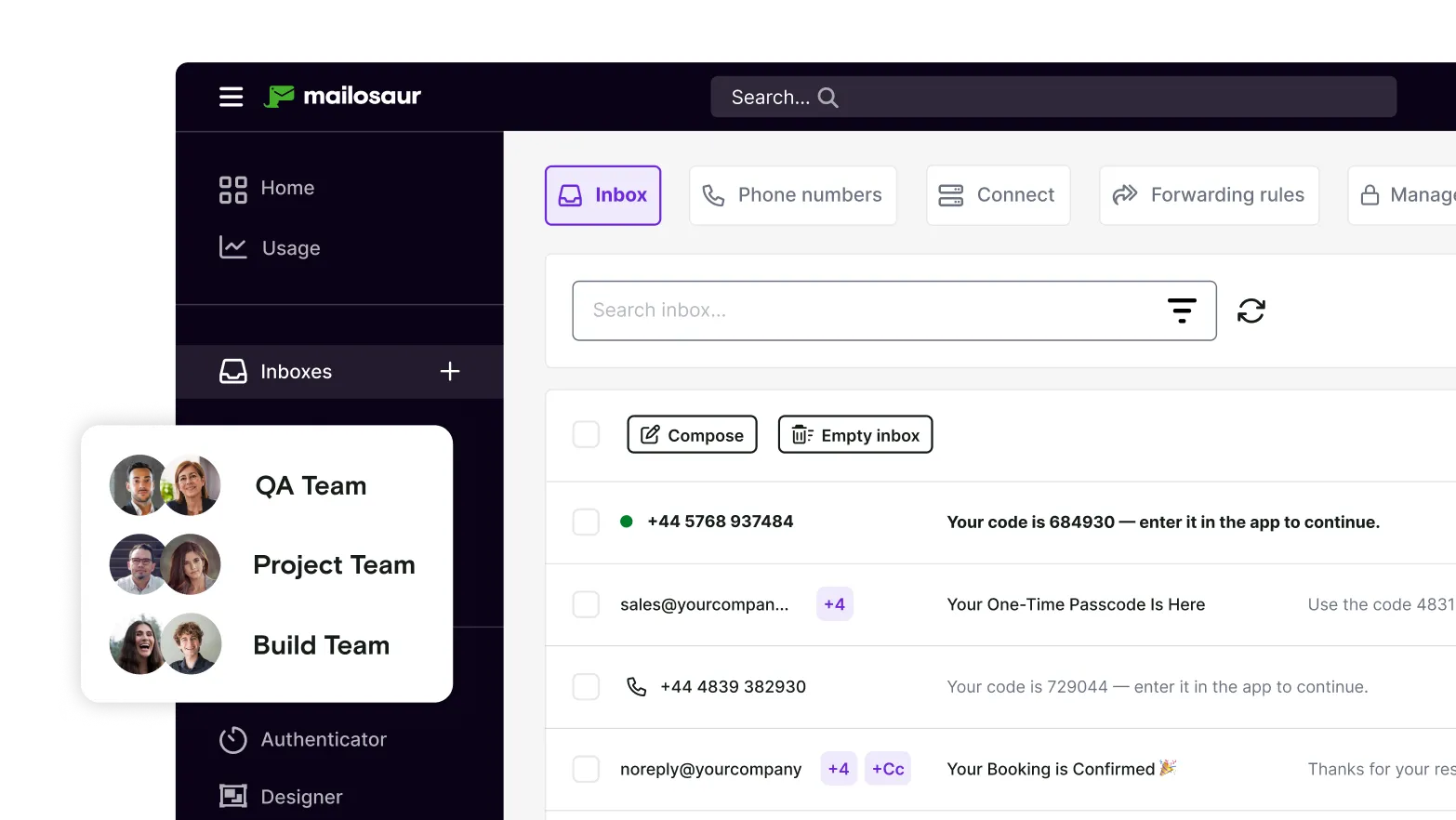 Multiple teams are shown to have access to one inbox