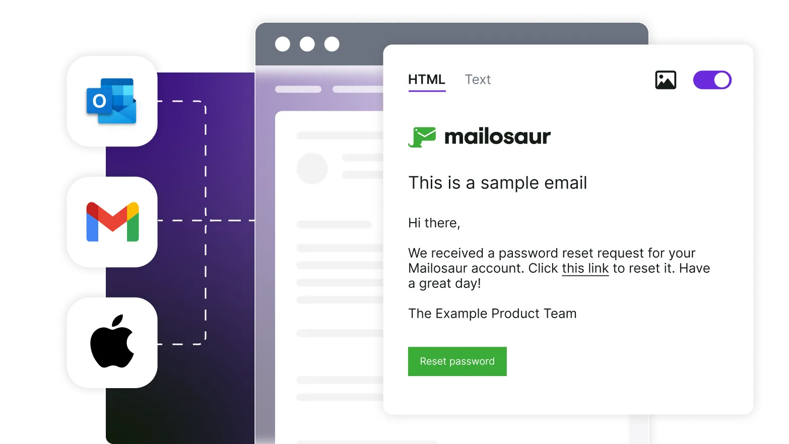 A sample email shown, with it being implied that this could be previewed across Outlook, Gmail or AppleMail