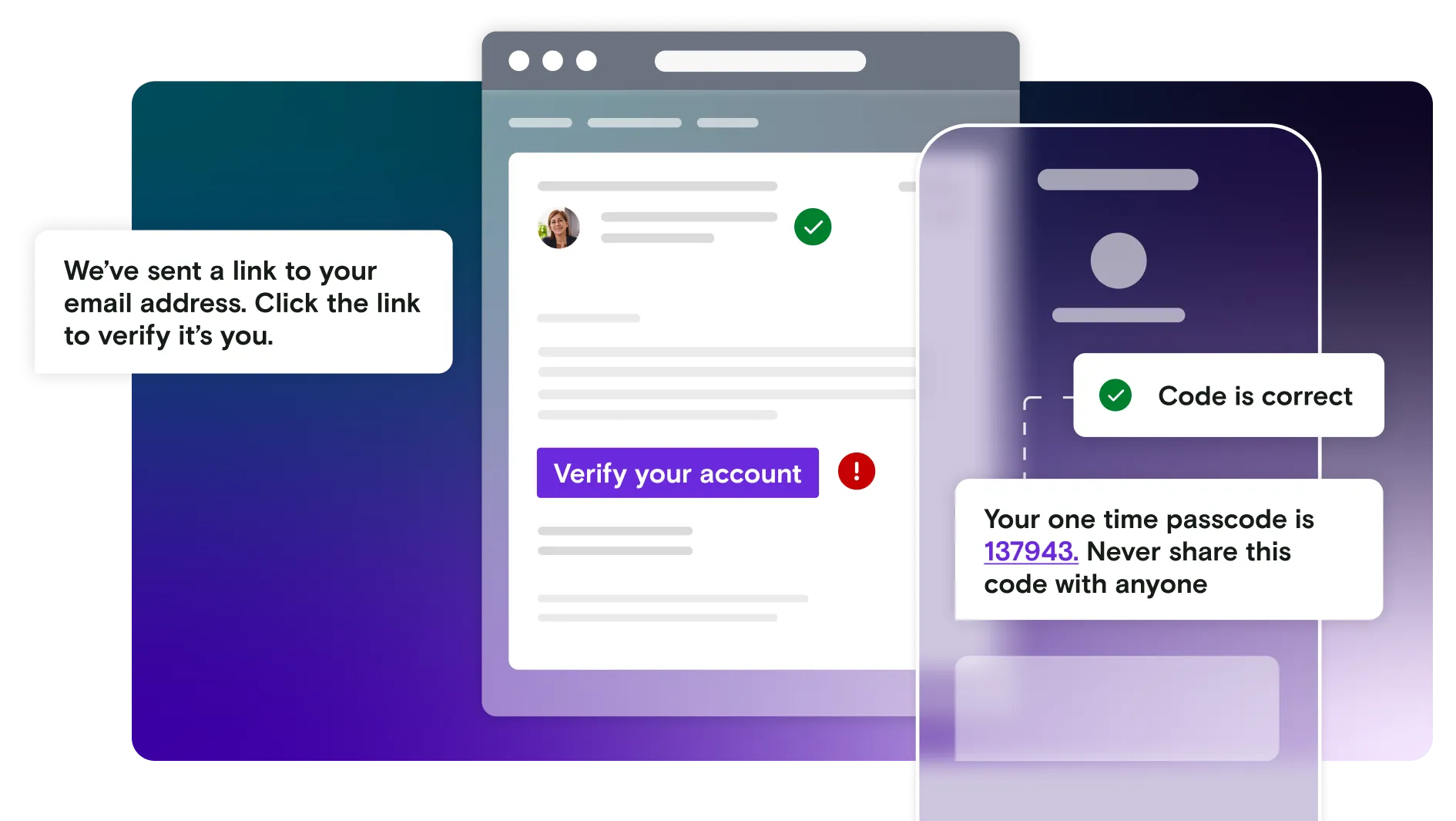 An email and a text are shown as part of an MFA flow, with the text containing a one-time passcode (OTP)